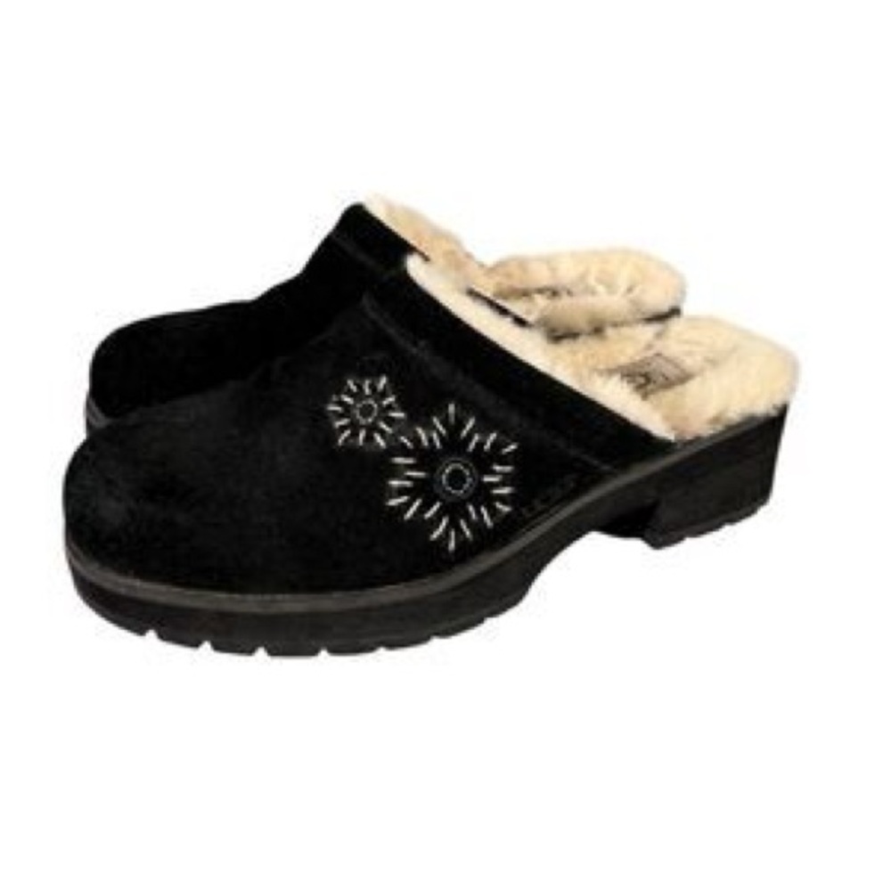 UGG Black Floral Embroidered Shearling Mules